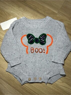 Gray Knit Baby Romper with Halloween Bow and "Boo!" Detail